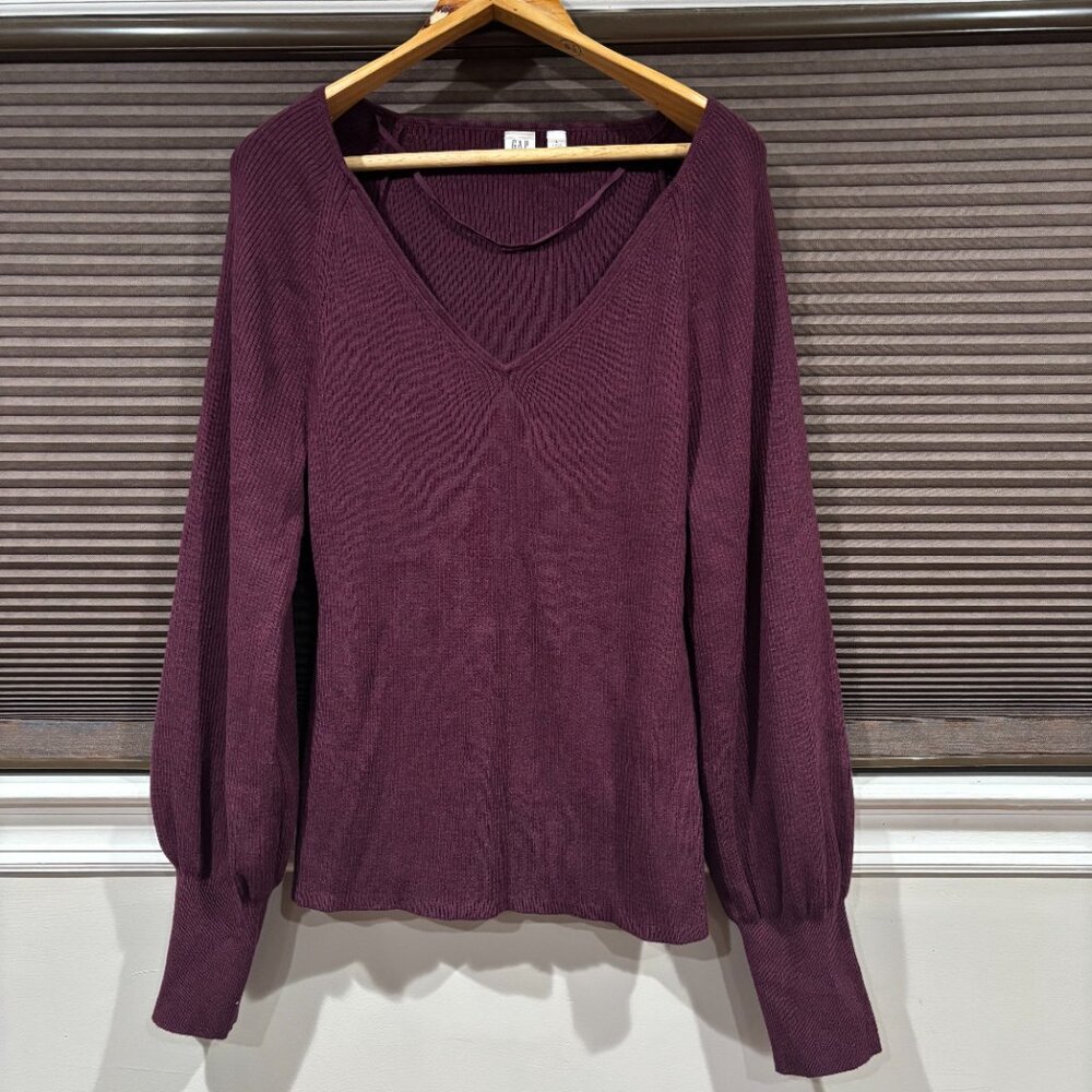 Gap Women Ribbed V-Neck Sweater Plum SZ: Large
